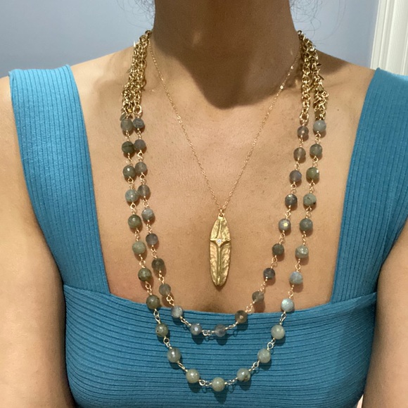 Layered Labrodorite necklace with Swarovski crystal embellished cross pendant. - Picture 4 of 7